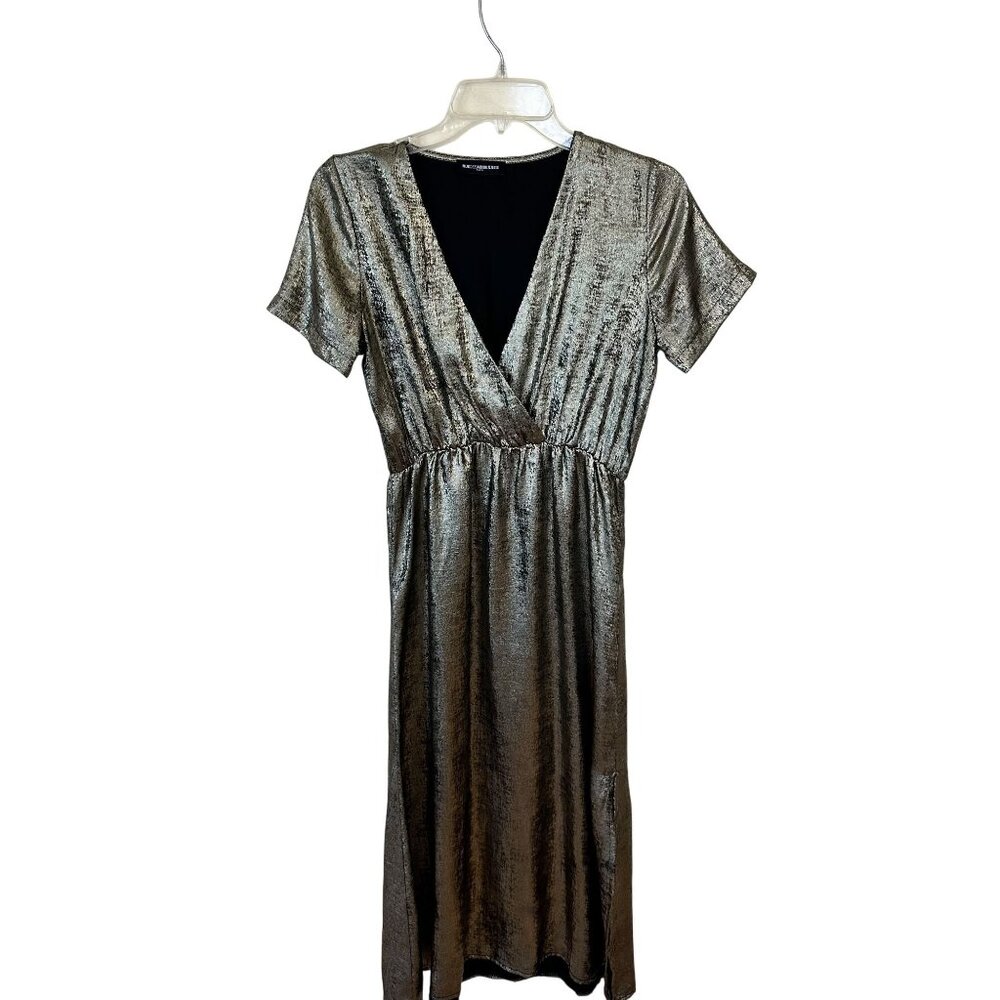 Vtg Womens Metallic Wrap Midi Dress V-Neck By Ruedes Abbesses Small